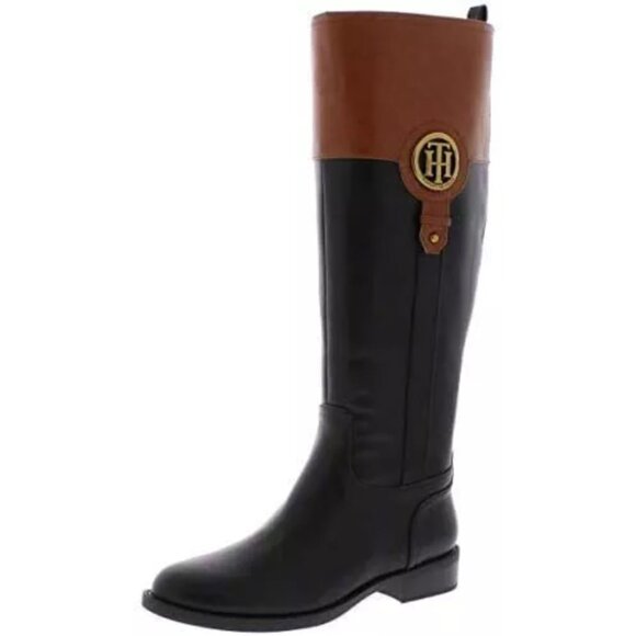 Tommy Hilfiger Ilia Women Black/Brown Leather Almond Toe KneeHigh Riding Boot 6M - Picture 1 of 2
